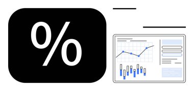 Ayrıntılı bir mali veri gösterge panelinin yanında yüzde işareti ve çizgi ve çubuk grafikleri. Analiz, finans, iş büyümesi, veri görselleştirme, yatırım izleme, finans için ideal