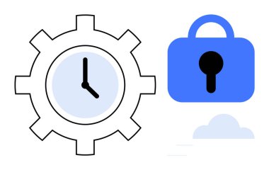 Üzerinde saat olan vites mavi asma kilidin yanında verimliliği simgeliyor. Bulut üzerindeki güvenliği temsil ediyor. İş, teknoloji, güvenlik, zaman yönetimi ve bulut hesaplama için ideal. Minimalist tasarım