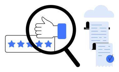 Onaylanmış bir büyüteç, beş yıldızlı bir derecelendirme çubuğu ve işaretli belgeler. Müşteri deneyimi, kalite kontrolü, kullanıcı memnuniyeti ve performans değerlendirmeleri için ideal