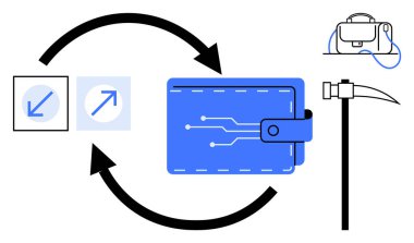 Mavi dijital cüzdan, kripto çekiç, kazma, her iki yönü gösteren oklar ve devre simgeleri. Finans, kripto para birimi, engelleme zinciri teknolojisi, dijital işlemler, fintech