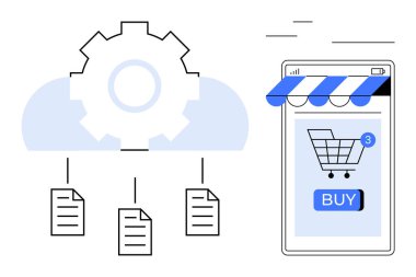 Alışveriş arabası simgesiyle mobil cihaz mağazası önü, bir dişli mekanizması ile belgelere bağlı bulut. E-ticaret, bulut bilgisayarı, otomasyon, online alışveriş, mobil uygulamalar için ideal. Basit satır sanatı