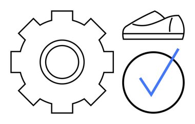 Vites, ayakkabı ve mavi işaretli semboller verimlilik, üretim, kalite ve tamamlanma temalarını iletir. Üretim, otomasyon, süreç optimizasyonu, ayakkabı endüstrisi, kalite güvencesi için ideal