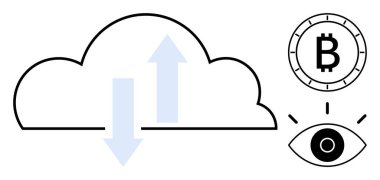 Yukarıdaki ve aşağıdaki oklar veri transferini simgeliyor. Gözün üstündeki bitcoin çemberi güvenlik ve mahremiyeti gösteriyor. Teknoloji, finans, siber güvenlik, mahremiyet, engelleme zinciri ve veri yönetimi için ideal