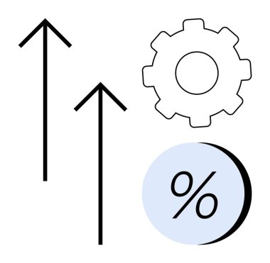 Artan oklar büyümeyi, vites verimliliği ve yüzde işaretini sembolize ediyor. Ticari büyüme, üretkenlik, mali başarı, ekonomik eğilimler, hedef