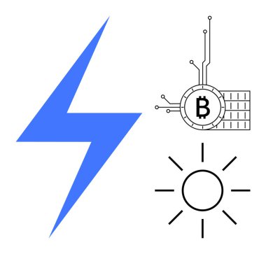 Devre çizgileri ve güneş enerjisi ikonu olan Bitcoin sembolünün yanında mavi yıldırım. Yenilenebilir enerji, kripto para birimi, teknoloji, finans ve yeniliğe odaklı sunumlar için ideal. Basit.