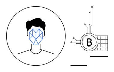 Geometrik yüz tanıma sistemi olan bir kişi devre bağlantıları olan bir Bitcoin sembolünün yanında çevrelenmiş. Biyometrik, kripto para birimi, dijital güvenlik, fintech ve engelleme teması için ideal