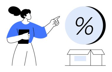 Kadın elinde pano, altında ev varken büyük bir yüzdelik sembolü işaret ediyor. Finansal eğitim, emlak yatırımı, ipotek oranları, ekonomik analiz, kredi başvuruları için ideal