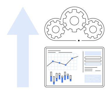 Yukarı bakan ok, bulutun içindeki dişliler, çizgi ve çubuk grafikleri içeren veri grafikleri ilerlemeyi ve optimizasyonu vurguluyor. İş stratejisi, veri analizi, bulut hesaplaması, iş akışı için ideal