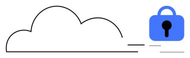Mavi asma kilidi olan bulut sembolü güvenliği simgeliyor. Bulut bilgisayarı, veri güvenliği, çevrimiçi mahremiyet, güvenli depolama ve siber güvenlik gibi konular için ideal. Basit, minimalist stil