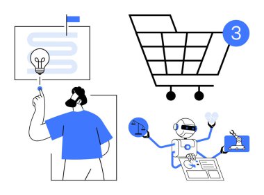 Ampul grafiğine dokunan adam, 3 numaralı alışveriş arabası, ölçeği, kalbi ve aleti olan robot çoklu görevi. Yenilik, e-ticaret, robotik, otomasyon, yaratıcılık, üretkenlik, teknoloji için ideal