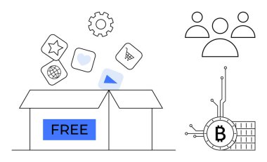 İçinde ücretsiz sözcüğünün bulunduğu açık bir kutuda vites, kalp, alışveriş arabası ve dünya gibi çeşitli dijital ikonlar sergileniyor. Sağda üç kişi ana hatları ve bir Bitcoin sembolü var. Temalar için ideal