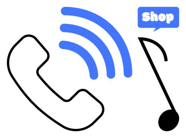 Black phone handset, blue sound waves, music note, blue shop text bubble on white background. Ideal for communication, shopping, customer service, music, business. Simple, modern, minimal clipart