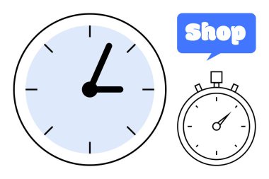 Analog bir saat ve kronometrenin basit siyah beyaz simgeleri. Dükkan sözcüğünün yer aldığı mavi bir konuşma balonu perakende veya alışveriş temaları içerir
