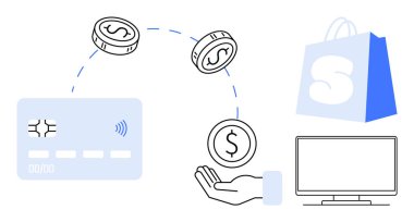 Mavi bir kredi kartı, para paraları, el, alışveriş çantası ve bilgisayar. Çevrimiçi alışveriş, e-ticaret, dijital ödemeler, finansal işlemler, internet sektörü için ideal. Basit temiz biçim