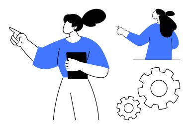 Kadın tableti ileri, bir de sağa doğru tutuyor. Dişlileri aşağıda. İş sunumları için ideal, takım çalışması, teknoloji konseptleri, liderlik, eğitim amaçları. Minimalist