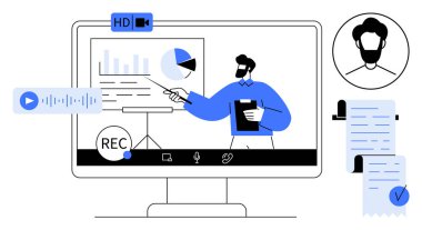 Büyük bir bilgisayar ekranında veri sunan bir adam. Grafik ve grafik görselleri ve HD ve kayıt simgeleri gibi diğer sembolleri içerir. Çevrimiçi eğitim için ideal dijital öğrenme işi uzak webinars