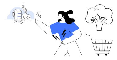 Elinde elektrik sembolü olan alışveriş arabasına ve ağaca doğru giderken alışveriş yapmayı reddeden bir kadın. Çevresel farkındalık, sağlıklı yaşam tarzı, bilinçli alışveriş, sürdürülebilirlik için ideal