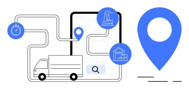 Delivery truck navigating using GPS on mobile device, with icons for routes, stopwatch, factory, warehouse, and a big location pin. Ideal for logistics, transportation, navigation, tracking clipart