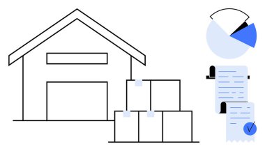 Kutuları istiflenmiş bir depo, bir pasta grafiği ve bir kontrol listesi. Lojistik, envanter yönetimi, veri analizi, tedarik zinciri ve iş operasyonları için ideal. Basit satır sanatı tarzı