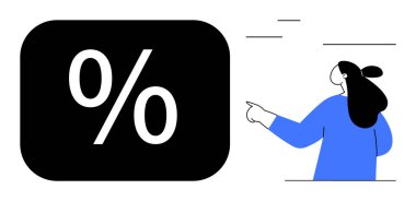 Mavi gömlekli bir kadın, hareket çizgileri olan büyük siyah yüzdelik bir sembol işaret ediyor. Finansal eğitim, tanıtım materyalleri, indirimler ve teklifler, ekonomi sunumları ve satışlar için ideal