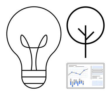 Ampul ve ağaç, yenilik ve sürdürülebilirlik sembolleri, ilerleme ve analizi gösteren bir veri panelinin yanında. Teknoloji, iş büyümesi, çevre bilinci ve veri için ideal