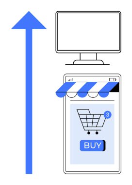 Satın alma düğmesi ve yukarı doğru ok altında üç öğe tebligatı olan çevrimiçi alışveriş arabasının üstündeki bilgisayar monitörü. E-ticaret, çevrimiçi alışveriş, dijital pazarlama, satış büyümesi ve teknoloji için ideal