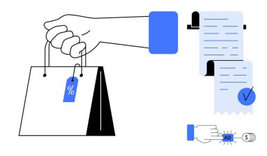 Elinde indirim etiketi, kontrol listesi ve ödeme ikonu olan bir alışveriş çantası var. E-ticaret, çevrimiçi alışveriş, perakende satış, dijital pazarlama ve finansal işlemler için ideal. Basit vektör sanat biçimi