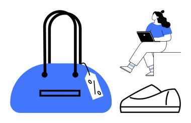 Bankta oturan dizüstü bilgisayarlı bir kadın, fiyat etiketli mavi bir çanta ve ayakkabılar. Çevrimiçi alışveriş, e-ticaret, dijital pazarlama, moda, perakende satış, teknoloji ve yaşam tarzı temaları için ideal. Çizgi