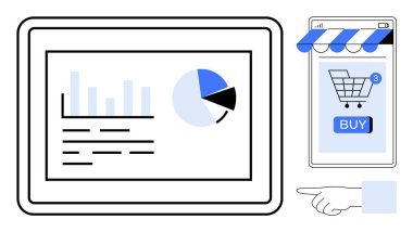 Bir tablet, bir alışveriş arabası simgesi, satın alma tuşu ve bildirim sembolü olan akıllı telefonun yanında bar ve turta grafikleri gösterir. E-ticaret, veri analizi, dijital pazarlama, çevrimiçi alışveriş için ideal