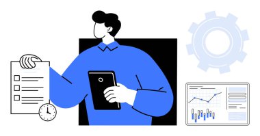 Kontrol listesi, saat ve veri analizini temsil eden grafikleri olan bir tablet tutan adam. İş yönetimi, verimlilik, veri takibi, iş planlaması, zaman yönetimi, analitik, proje için ideal