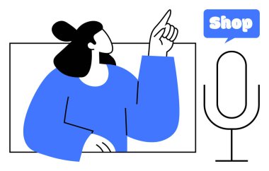 Yukarıya bakan kişi, büyük mikrofon, ve kelime mağazası konuşma balonunda. Çevrimiçi alışveriş, e-ticaret, dijital iletişim, podcastlar, reklamlar için ideal. Modern minimal düz tasarım biçimi