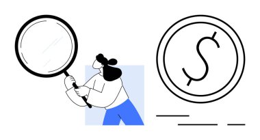 Büyük bir madeni parayı inceleyen, mali analizi, para yönetimini ve incelemeyi sembolize eden bir büyüteç tutan karakter. Finans, yatırım, denetim, ekonomik öğrenim ve iş için ideal