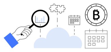 Bar çizelgesi, bulmaca parçaları, üç takvim ve Bitcoin para ile el ele tutuşan büyüteç. Finansal analiz için ideal, kripto para birimi, bulut teknolojisi, zamanlama, problem çözme