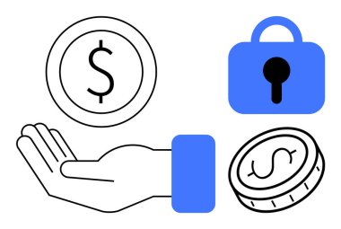 Bir bozuk para, güvenli mavi bir kilit ve dolar sembollü bir bozuk para daha. Finans güvenliği, bankacılık, tasarruf koruması, yatırım stratejileri, iş büyümesi için ideal. Düz modern biçim