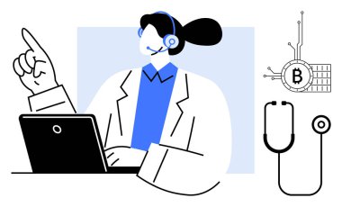 Kulaklık takan bir sağlık çalışanı yukarı bakan bir dizüstü bilgisayar kullanır. Arka plandaki steteskop ve engelleme zinciri Bitcoin sembolü sağlık teknolojisi ve kripto para biriminin temalarını gösteriyor. İdeal