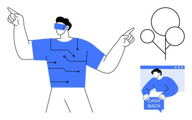 Sanal gerçeklik gözlüğü takan kişi dijital arayüz noktaları, diyagram ve bir para çekme sayfası ile etkileşimde. Teknoloji, yenilik, sanal gerçeklik, online alışveriş, dijital