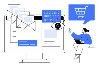 Bilgisayar ekranında bilgisayarlı e-postalar, ikili kodlar, göz sembolü ve alışveriş arabası simgesi dizüstü bilgisayarında bir kişi var. Dijital iletişim için ideal, e-posta pazarlama, online alışveriş, siber güvenlik