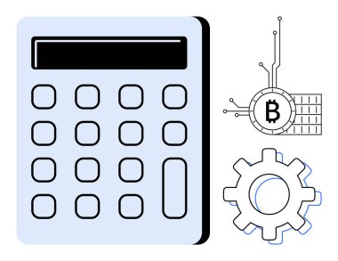 Dijital ekran ve düğmeleri olan klasik hesap makinesi, devre elemanlarıyla entegre edilmiş bir Bitcoin simgesi ve dijital finans, kripto para birimi, blok zinciri teknolojisi, finans için bir vites sembolü.