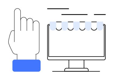 Kullanıcı el işaretleri, e-ticareti ve online alışverişi vurgulayan mağaza güneşliği ile masaüstü monitörünü gösteriyor. E-ticaret, çevrimiçi perakende, dijital pazarlama, UX web sitesi, mobil uygulamalar, iş tanıtımı için ideal