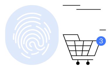 Alış veriş arabasının yanındaki açık mavi dairenin içinde dijital parmak izi var. Üzerinde mavi bir nokta var. Üç numarayı gösteriyor. Çevrimiçi alışveriş, güvenlik, e-ticaret, dijital alışveriş için ideal