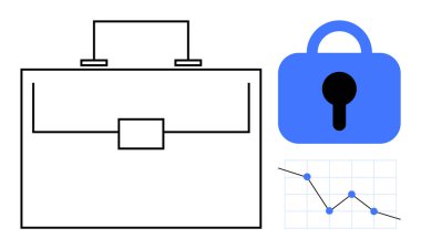 Mavi bir kilit ikonu ve azalan eğilimli bir çizgi grafiğinin yanında büyük bir evrak çantasının ana hatları. İş piyasası analizi için ideal. Veri güvenliği kurumsal güvenlik. Basit temiz modern biçim