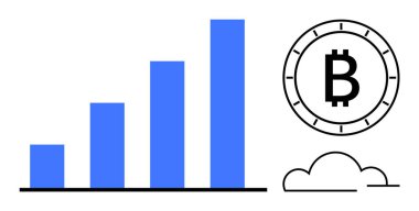 Altta bulut olan Bitcoin sembolü ile birlikte büyüme tablosundaki mavi çubukları artırmak. Mali analiz için ideal, kripto para birimi eğilimleri, yatırım büyümesi, engelleme zinciri teknolojisi, ekonomik