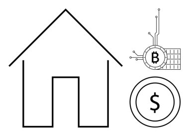 Basit bir ev çizgisi. Devre çizgileri ve bozuk para içinde dolar işareti olan bir Bitcoin sembolü ile eşleştirilmiş. Gayrimenkul, kripto para, finans, yatırımlar ve modern hakkında illüstrasyonlar için ideal