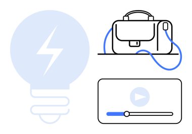 Light bulb with lightning bolt, professional briefcase with a strap, and video player with play button and progress bar. Ideal for productivity, technology, business, education, media, innovation clipart