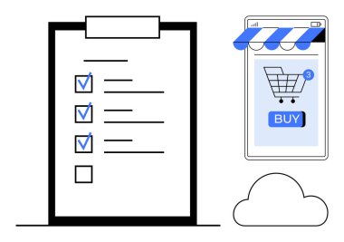 İşaretli eşyaların olduğu bir pano kontrol listesi, satın alma düğmeli bir alışveriş arabasını gösteren bir akıllı telefon ve bir bulut sembolü. Üretkenlik, çevrimiçi alışveriş, e-ticaret, görev yönetimi için ideal