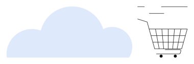 Açık mavi bulutun yanındaki alışveriş arabasının taslağı. Dijital ticaret, online alışveriş, bulut depolama, e-ticaret platformları ve internet güvenliği için ideal. Minimalist vektör tasarım biçimi