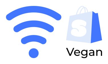 Mavi ve beyaz alışveriş çantasının yanında mavi ve beyaz kablosuz sinyal ve Vegan mesajı. E-ticaret, dijital pazarlama, online alışveriş, vejetaryen yaşam tarzı, kablosuz bağlantı için ideal. Modern