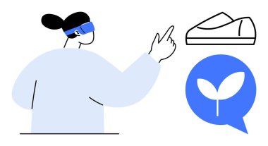 AR kulaklığı takan biri spor ayakkabısını işaret ediyor, mavi bir ikon ve filizlenmiş bir bitki. Teknoloji için ideal, sanal alışveriş, sürdürülebilirlik, çevre dostu ürünler, artırılmış gerçeklik, gelecek