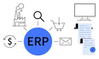 Merkezi mavi ERP bir fabrikanın grafikleriyle çevrili, büyüteç, alışveriş arabası, dolar işareti, zarf, bilgisayar ve belgeler. İş, teknoloji, finans ve tedarik zinciri için ideal