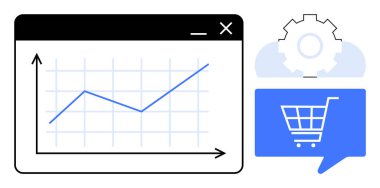 Çizgi çizelgesi, yükselen iş eğilimini, alışveriş arabası simgesini ve ayarları ve optimizasyonu temsil eden vites sembolünü gösteriyor. İş analizleri, e-ticaret, pazarlama, veri analizi ve dijital için ideal
